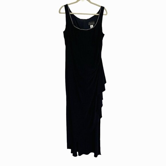 Alex Evenings 16 Long Maxi Dress Navy Blue Ruched Sleeveless Embellished Formal - Picture 1 of 15